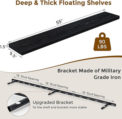55 Inch Floating Shelves Black, Rustic Wood Floating Shelf Wall Mounted, 9 Inch Deep Floating Shelf for Kitchen, Bedroom, 55 x 9 Wall Shelves for Home Storage, Set of 1