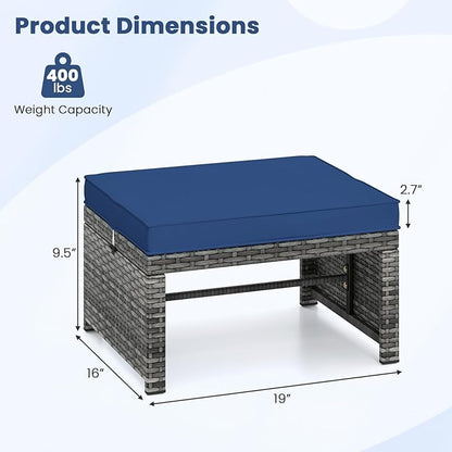 Tangkula 2 Pieces Patio PE Rattan Ottomans, Multipurpose Outdoor Footstool Footrest Additional Seating Side Table with Soft Zippered Cushions for Deck, Garden, and Yard (Navy Blue)