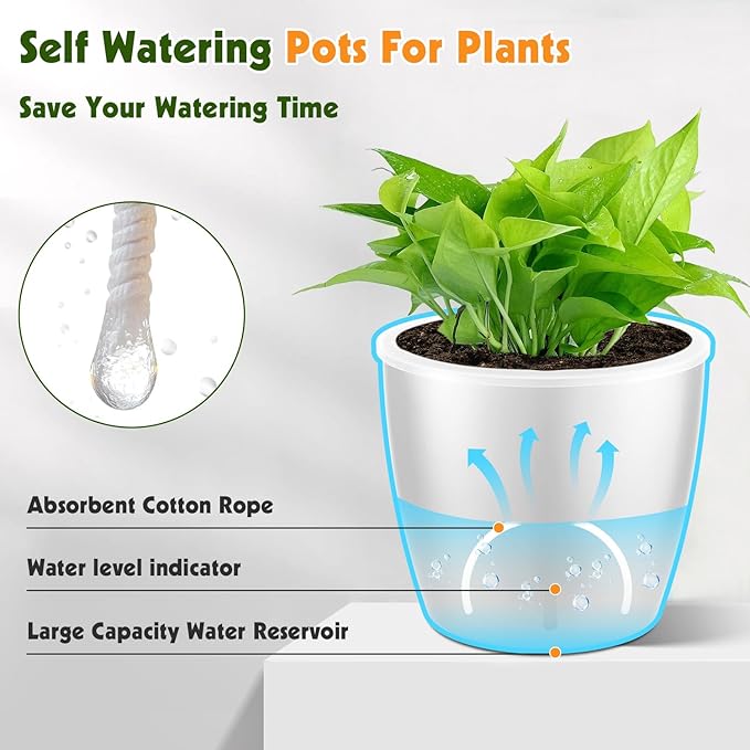 Self-Watering Pots for Indoor Plants, 8-Pack 6.7'' Self Watering Planter with Drainage Holes, Small African Violet Pots with Water Indicator, Clear Wick Pot, White