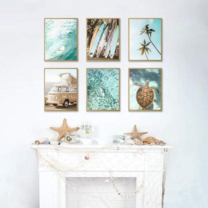 Laywhq Coastal Beach Wall Art Summer Ocean Surf Tropical Canvas Wall Decor Summer Nautical Palm Tree Turtle Surfboard Bus Room Paintings Prints Posters for Bedroom Living Room Set of 6 8x10in Unframed