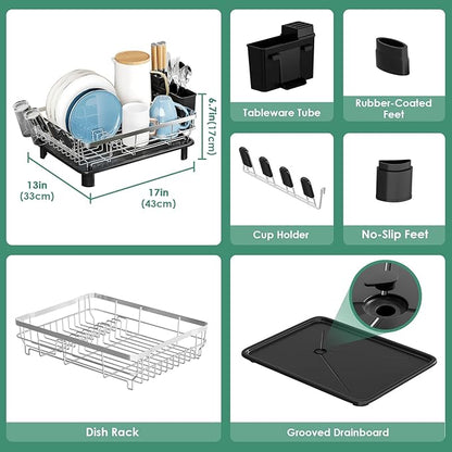MOUKABAL Dish Drying Rack - Stainless Steel Dish Rack, Dish Racks for Kitchen Counter, Drying Rack Kitchen with Removable Utensil Holder, Drainboard and Glass Organizer (Black)
