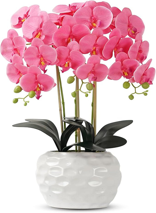 Orchid Artificial Flowers with White Vase Large Silk Faux Phalaenopsis Flowers for Dining Room Table Floral Centerpieces Indoor Decoration,Fuchsia