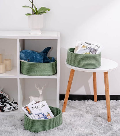Shelf Storage Baskets for Organizing|Decorative Basket for Closet Storage|Toy Baskets&Bins|Small Woven Rope Baskets-13x8.66x5.11’’,Durable&Stylish,Oval 3 Packs Green