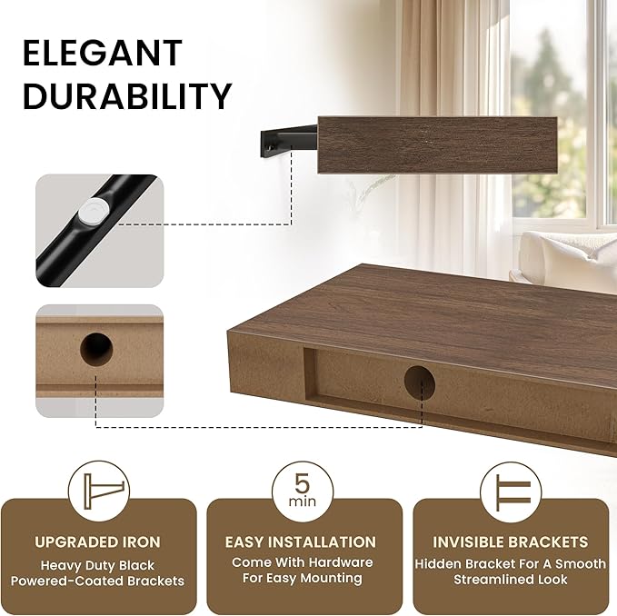 Floating Shelves for Wall, 36" W x 8" D x 1.5" H, Wooden Wall Mounted Display Shelves with Invisible Brackets for Living Room, Bedroom, Bathroom, Kitchen Decor and Storage, Set of 2, Walnut