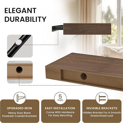Floating Shelves for Wall, 36" W x 8" D x 1.5" H, Wooden Wall Mounted Display Shelves with Invisible Brackets for Living Room, Bedroom, Bathroom, Kitchen Decor and Storage, Set of 2, Walnut