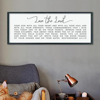 LuZhiQiang Love The Lord Your God With All Your Heart Wall Decor Art 40"×15" Deuteronomy 6:5-7, 9 Scripture Sign Bible Verse Large Wood Framed Wall Hanging (Black)