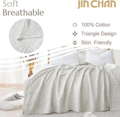 jinchan Boho 100% Cotton Blanket Muslin Twin Size 60x80 Inches Lightweight 3-Layer Geometric Triangle Striped Reversible Quilt Throw Soft Breathable Comfy All Seasons for Couch Bed Decor, Light Grey
