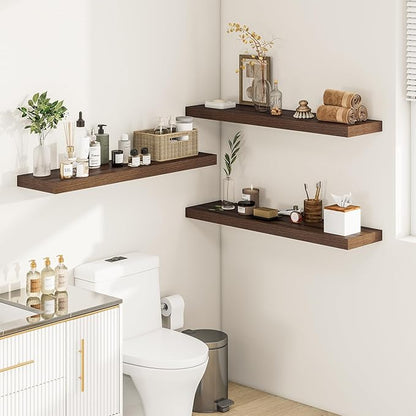 Wide Floating Shelves for Wall 12 Inch Deep, 36" X 12" X 2" Floating Shelf, 2 Inch Thick Shelf for Bathroom Bedroom Kitchen Book Room, Heavy Duty 65lbs Shelves for Farmhouse Decor Set of 2, Walnut
