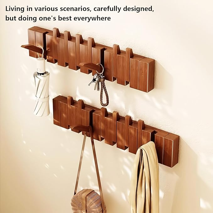 Wall Mounted Piano Key Hanger | Flip Style Hook | Entrance Wall Art Hook, Made of Oak Wood (3 Times Painted, 4 Times Polished) (LED Walnut, 8Hooks)
