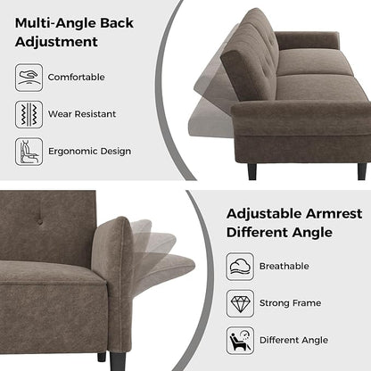 89” Futon Sofa Bed, Comfy Futon Couch Bed with 2 Square Pillows, Convertible Sleeper Sofa with Adjustable Backrest& Armrests, Modern Loveseat Sleeper for Living Room, Bedroom, Light Brown