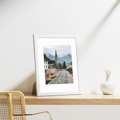 Vittanly 11x14 Picture Frames Set of 9, Shatter Resistant Plexiglass, Display 8x10 Pictures with Mat or 11x14 without Mat, Photo Frames for Wall or Tabletop, Engineered Wood, White