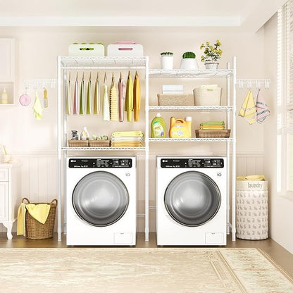 Ulif U5 Over the Washer and Dryer Storage Shelf, Laundry Room Space Saver Bathroom Storage and Organizer Rack for Hanging Towels and Drying Clothes with 5 Wire Shelves, 58.2"W x 13.4"D x 77.5"H, White