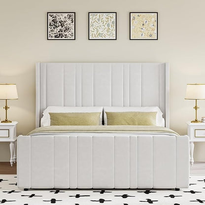 HOMBCK Queen Bed Frame Upholstered Platform Bed with Vertical Channel Tufted Headboard & Footboard, Wingback Design/Noise Free/No Box Spring Needed/Easy Assembly, Cream