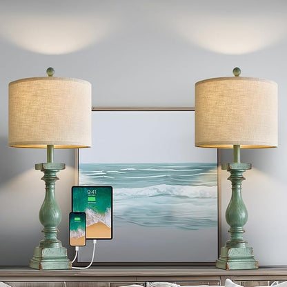 BOBOMOMO 27" Farmhouse Table Lamp Set of 2 with USB A+C for Bedroom Living Room Vintage Rustic Traditional Nightstand Bedside Lamps Retro Side Table Lamps (Green)