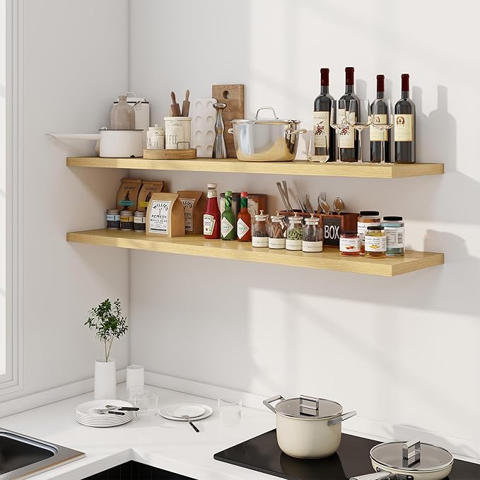 55" Floating Shelves for Wall, 12" Deep Slim Oak Floating Shelves, Wall-Mounted Shelves for Bedroom, Living Room, Kitchen, Bathroom - Set of 2