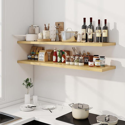 55" Floating Shelves for Wall, 12" Deep Slim Oak Floating Shelves, Wall-Mounted Shelves for Bedroom, Living Room, Kitchen, Bathroom - Set of 2