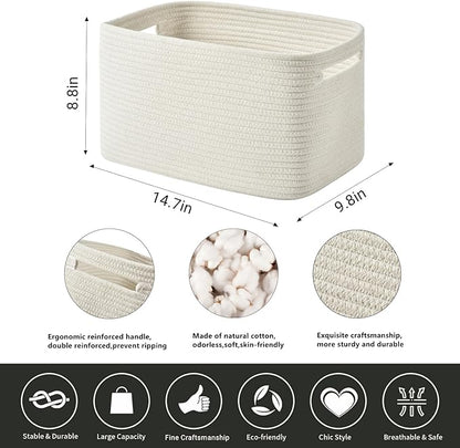 Storage Basket - Woven Cotton Rope Baskets for Organizing, Decorating Shelves, Books, Towels, Toys - 3 Pack - White