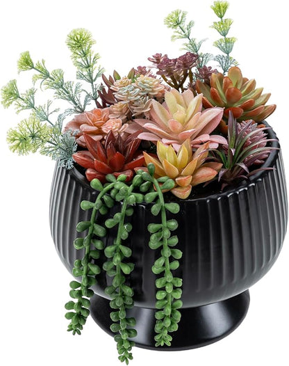 MyGift 10 Inch Modern Artificial Succulent Arrangement Potted in Matte Black Ribbed Ceramic Round Planter, Decorative Plant Pot with Assorted Faux Mini Succulents