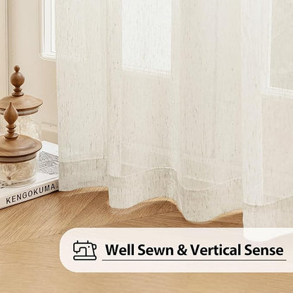 FMFUNCTEX Linen Sheer Curtains for Bedroom, Beige Curtains 72 inches Long for Living Room, Natural Flax Blend Window Draperies for Farmhouse Curtain, Rod Pocket 2 Panels