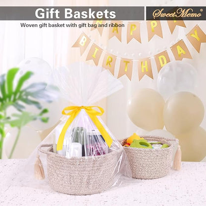Empty Gift Basket – SweetMemo Mini Woven Rope Organizer Baskets for Gifting, Baby Shower, Desk, Makeup Brushes, Bathroom, Shelves – Small Decorative Storage Bin with Gift Bag & Ribbon – Warm Brown