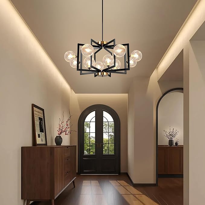 12 Light Black Farmhouse Chandelier Geometric Metal Dining Room Light Fixture Height Adjustable Black Chandeliers for Dining Room Clear Glass Farmhouse Industrial Pendant Lights for Bedroom, Entryway