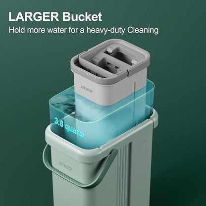 JOYMOOP Mop and Bucket with Wringer Set, Flat Squeeze Mop with Bucket (X-Large), Dust Mop for Wall Cleaner with Long Handle, Microfiber Mop - Green Bucket with 3 Reusable 15" Pads