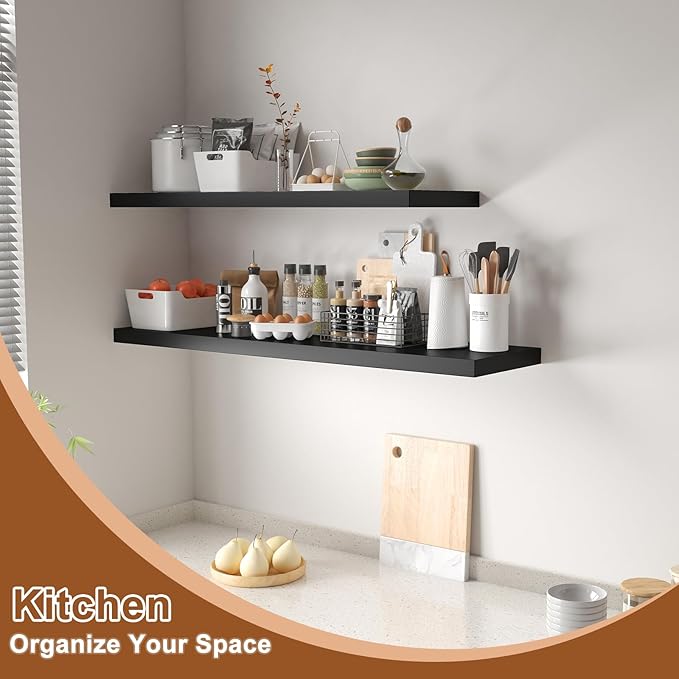 12 Inch Deep Floating Shelves for Wall 2 Pack Floating Shelves Large Storage Space Wall Mount Shelf for Living Room Kitchen Bathroom 36" W x 12" D x 1.2" H Black