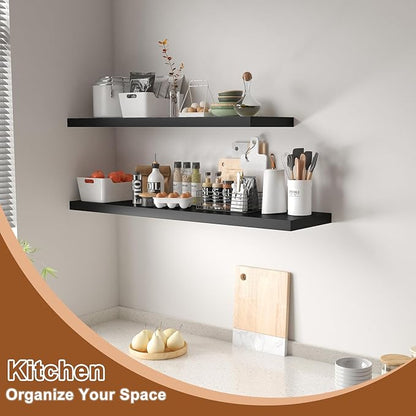 12 Inch Deep Floating Shelves for Wall 2 Pack Floating Shelves Large Storage Space Wall Mount Shelf for Living Room Kitchen Bathroom 36" W x 12" D x 1.2" H Black