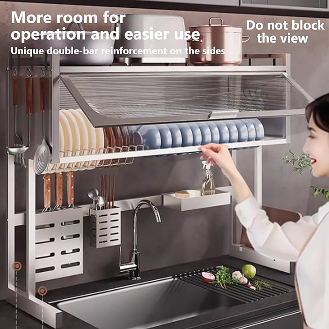 Home Furnishing Dish Rack Over Sink Stainless Steel Over The Sink Dish Drainer Drying Rack Space Kitchen Sink Rack Multifunctional countertop Dish Storage Rack Sink(White,95cm/37.4in)