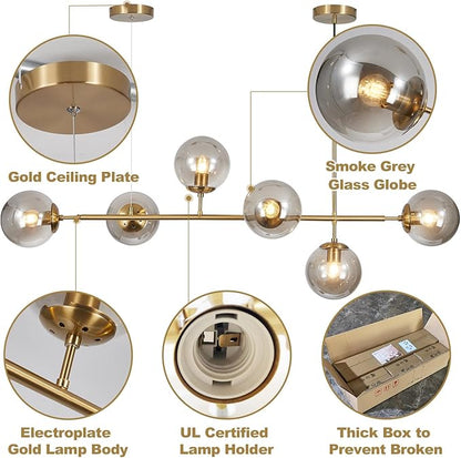 KCO Lighting 6-Light Modern Globe Sputnik Chandelier Brass Gold Linear Pendant Chandelier Lighting Smoke Glass Dining Room Chandelier Mid Century Sputnik Island Lights for Kitchen Living Room