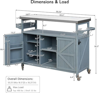 Outdoor Kitchen Island, Rolling Bar Cart & Storage Cabinet, Farmhouse Solid Wood Outdoor Grill Table with Stainless Steel Top, Spice Rack, Towel Rack for Kitchen & BBQ, Grey Blue