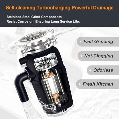 A600 Garbage Disposal 3/4 HP for Kitchen Sink, Food Waste Disposer Fast Continuous Feed Stainless Steel Grind, Quiet, Ease Install, With Power Cord, Powerful Drainage Compact Design 0.75 Horsepower