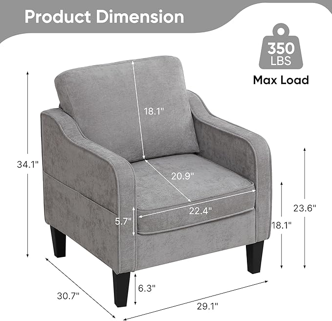 Accent Chairs Set of 2, Upholstered Living Room Chairs with Side Pockets, Mid Century Modern Reading Chair for Bedroom, Comfy Armchair Single Sofa Side Chair for Office, Small Room, Light Grey