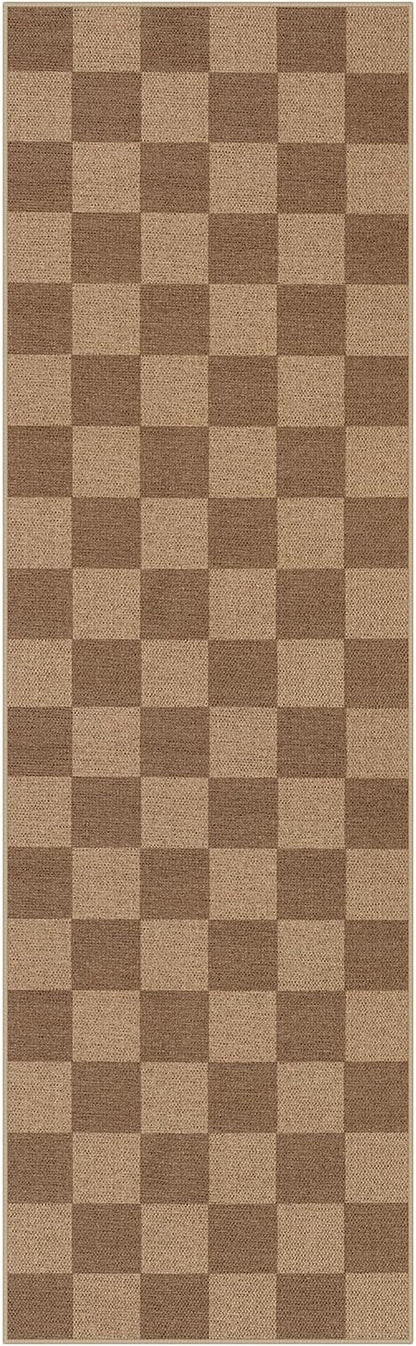 Lahome Checkered Easy Jute Kitchen Runner, 2x8 Washable Indoor Outdoor Runner Rug, Checkerboard Non Slip Non Shedding Neutral Carpet for Hallway Entryway Foyer