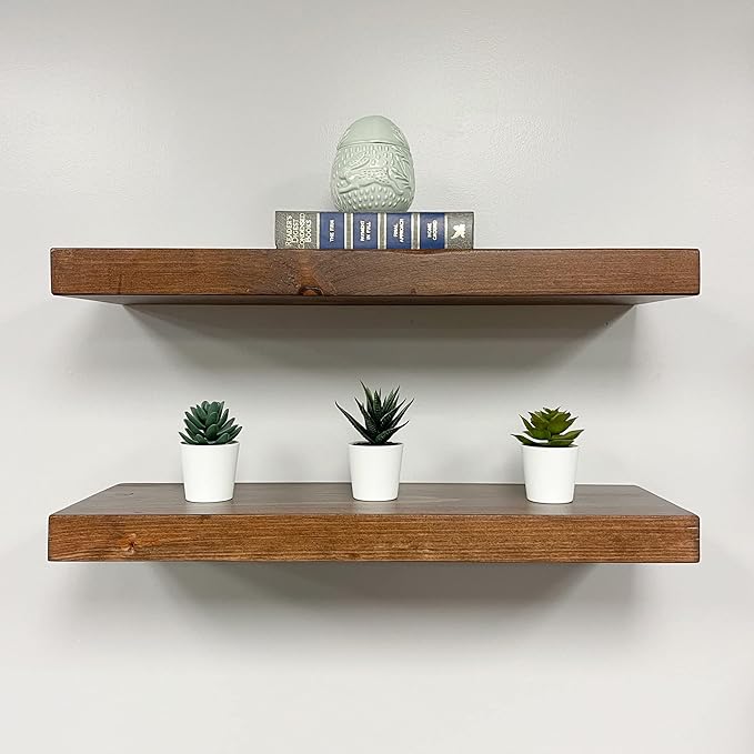 URBANDI, Rustic Floating Shelves, Set of 2, Hidden Bracket, Solid Wood, Heavy Duty, Wall Mounted Shelves, (Provincial, 60Wx8D)