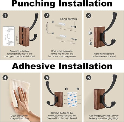 4 Pack Wooden Wall Hooks for Hanging, Adhesive Mounted & Wall Mount Nature Wood Coat Hooks for Towel Clothes Blanket Hat Backpack Robe Nursery Door Board Entryway Key Holder