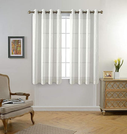 MIUCO Moroccan Embroidery Semi Sheer Curtains Faux Linen Grommet Window Curtains for Bedroom Living Room 63 Inch Length 2 Panels, Pure White