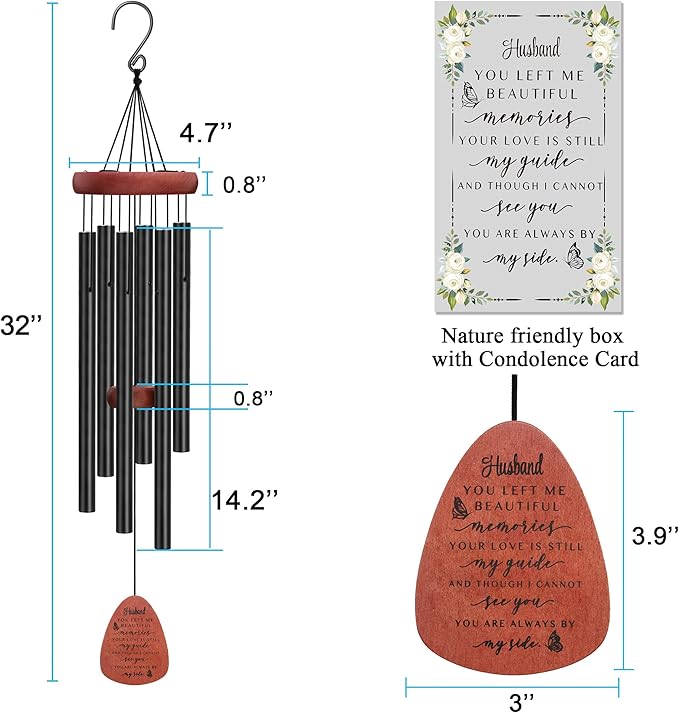 Memgift Memorial Wind Chime for Loss of Husband - Solid Beech Wood Sympathy Gift - Bereavement Wind Chime for Loved One - Outdoor Remembrance for Garden & Patio 32 Inch