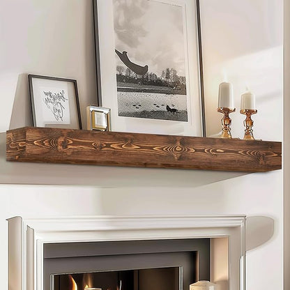 56x8x5 Fireplace Mantel - Handcrafted Hollow Rustic Solid Wood Wall Mounted Floating Shelf with Invisible Heavy Duty Wood Bracket (Weathered Brown)