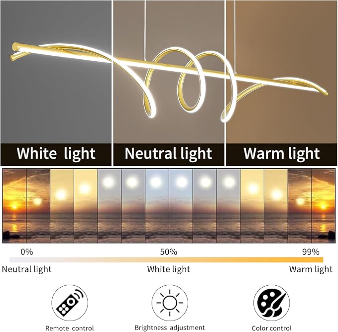 Modern Design Dimmable Desk Linear Pendant Light, with Remote Control Dimmable 3 Color Mode & Brightness Ceiling Lamp, Anti-Flicker Dining Light Fixture for Kitchen, Dining Room (Gold, 47IN)