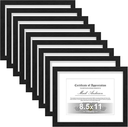 Vittanly 8.5x11 Picture Frames Set of 9, Shatter Resistant Plexiglass, Display 6x8 Pictures with Mat or 8.5x11 without Mat, Photo Frames for Wall or Tabletop, Engineered Wood, Black