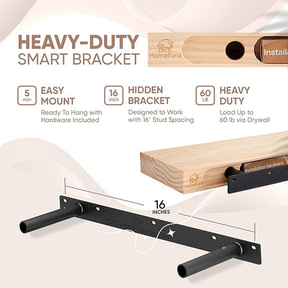 Homeforia 24 inch Natural Floating Shelf, High End Solid Real Wood 24inch Small Floating Shelves for Wall Mounted, Natural Wooden Floating Shelves, Heavy Duty Bracket, 24 X 6.5 X 1.75 in, Set of 3