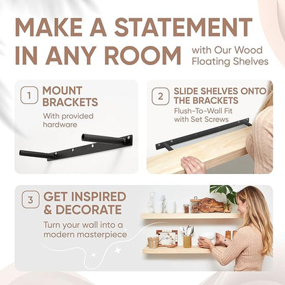 Homeforia 30 inch Wood Floating Shelves, High End Solid Natural Wood 30inch Floating Shelf for Wall, Unfinished Wooden 30 inches Floating Shelves, Heavy Duty Bracket, 30 X 6.5 X 1.75 in, Set of 2