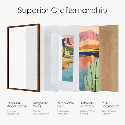 Homeforia 20 x 30 Walnut Frame, High End Dark Oak 20x30 Wooden Poster Frames with Mat 16x24, 20 x 30 Brown Wood Picture Frame Matted to 16 x 24, 30x20 Hanging Frame, Tempered Glass, Wall Kit, Set of 1
