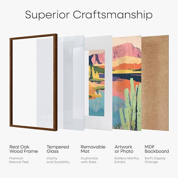 Homeforia 12x8 Picture Frame Brown, High End Dark Oak 8x12 Walnut Wooden Frames with Mat 6x8 Photo, 8 x 12 Wood Frame Matted to 6 by 8 Print, Wall or Tabletop Frame, Tempered Glass, Wall Kit, Set of 1