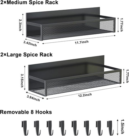 Magnetic Spice Rack for Refrigerator, 4 Pack Magnetic Shelf, Fridge Magnet Organizer with Moveable 8 Hooks, Magnetic Fridge Shelf for Kitchen Organization and Storage (4 Pack)