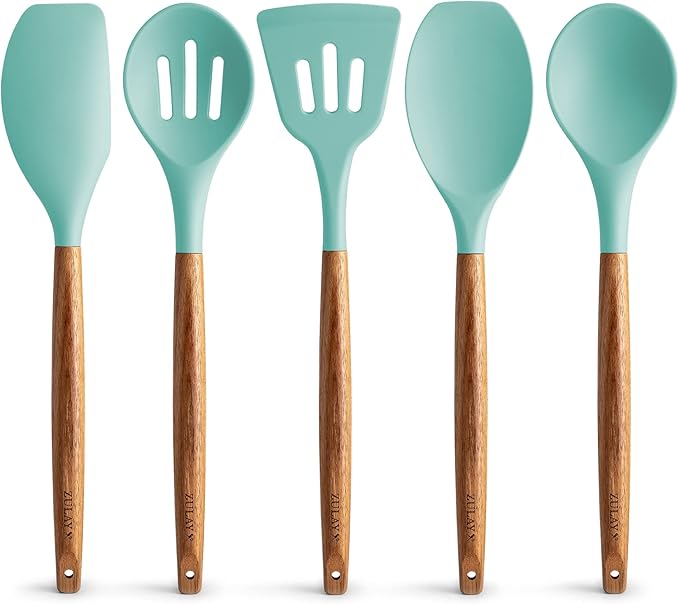 Zulay Kitchen Non-Stick Cooking Utensils Set with Authentic Acacia Wood Handles – 5-Piece Durable & Stylish Silicone Kitchen Utensils Set – Heat Resistant to 464°F – Aqua