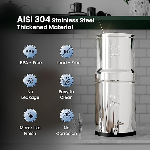 Gravity Water Filter System - 1.5 Gallons NSF Certified AISI 304 Stainless Steel Water Filter with 2 Smart (Black) Carbon Filter Elements & Free Stainless Steel Stand and Spigot (1.5G)