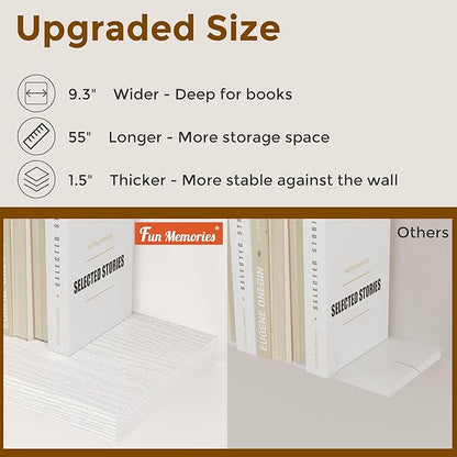 55 Inch Floating Shelves White, Rustic Wood Floating Shelf Wall Mounted, 9 Inch Deep Floating Shelf for Kitchen, Bedroom, 55 x 9 Wall Shelves for Home Storage, Set of 1
