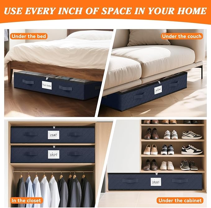 SpaceWhisper 90L Under Bed Storage Containers, 8-Pack Storage Bins with Clear Top, Foldable Closet Organizers and Storage with Label Holder for Clothing, Blankets, Comforter & Pillows(Blue)